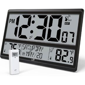 LFF Atomic Clock, Never Needs Setting, Battery Operated, Atomic Wall Clock with Indoor/Outdoor Temperature, Wireless Outdoor Sensor, Large Display Digital Calendar Clock for Elderly