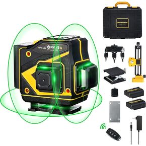 INSPIRITECH Tile Laser Level Self Leveling 3D Alignment Guide,3x360° Horizontal Vertical 12 Cross Lines, Green Beam Lazer Leveler Tool for Floor Ceiling Wall with 2 Lithium Batteries