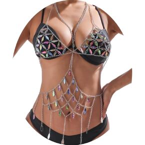 Urieo Rhinestone Bikini Body Chain Suit Silver Tassel Gemstone Halter Bra Chains Adjustable Crystal Beach Rave Body Accessories Jewelry for Women and Girls