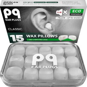 PQ Wax Ear Plugs for Sleep - 15 Silicone Gel Ear Plugs with Sound Blocking Level of 32 Db for Sleeping and Swimming, Noise Cancelling, Ear Protection (15-Pillows)
