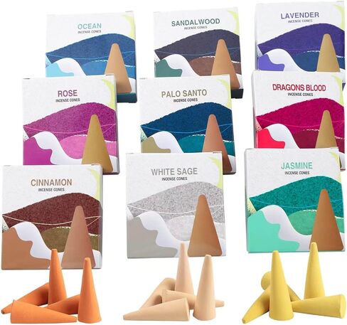 Backflow Incense Cones - Set of 9 Waterfall Incense Cones Scented - Palo Santo, Jasmine, Lavender, Ocean, Sandalwood, Cinnamon, White Sage, Dragons Blood, Rose for Meditation, Yoga and Aromatherapy in Saudi Arabia