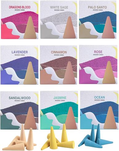 Backflow Incense Cones - Set of 9 Waterfall Incense Cones Scented - Palo Santo, Jasmine, Lavender, Ocean, Sandalwood, Cinnamon, White Sage, Dragons Blood, Rose for Meditation, Yoga and Aromatherapy in Saudi Arabia