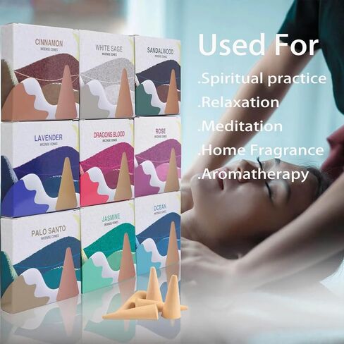 Backflow Incense Cones - Set of 9 Waterfall Incense Cones Scented - Palo Santo, Jasmine, Lavender, Ocean, Sandalwood, Cinnamon, White Sage, Dragons Blood, Rose for Meditation, Yoga and Aromatherapy in Saudi Arabia