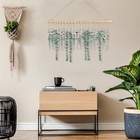 CEWOR Boho Wall Decor Artificial Hanging Eucalyptus Hanging Wooden Bead Garland Eucalyptus Natural Greenery Decoration for Bedroom Wall Decor Above Bed Boho Living Room Decor in Saudi Arabia