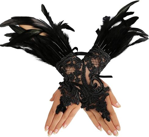 MeiLiMiYu المرأة ريشة الدانتيل قفازات طويلة الساحرة تنكر قفازات الدانتيل شبكة القوطية قفازات لحزب الهالوين تأثيري in Kuwait