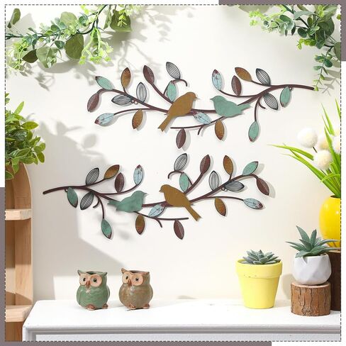 Kigley 2 Pcs 15.7 Inch Bird Wall Decor Hanging Bird Wall Art Colorful Metal Tree Leaf Wall Art with 4 Screws for Home Living Room Kitchen Bathroom Bedroom Indoor Farmhouse Outdoor Decorations in Saudi Arabia