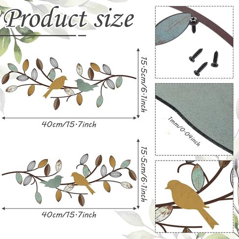 Kigley 2 Pcs 15.7 Inch Bird Wall Decor Hanging Bird Wall Art Colorful Metal Tree Leaf Wall Art with 4 Screws for Home Living Room Kitchen Bathroom Bedroom Indoor Farmhouse Outdoor Decorations in Saudi Arabia