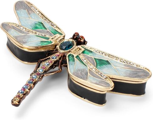 Cottage Garden Hand Painted Metal Enamel Hinged Trinket Box Ornamental Mini Jewelry Ring Earring Organizer Vintage Collectible Figurine Keepsake Box with Bejeweled Crystals, Purple Dragonfly in Kuwait