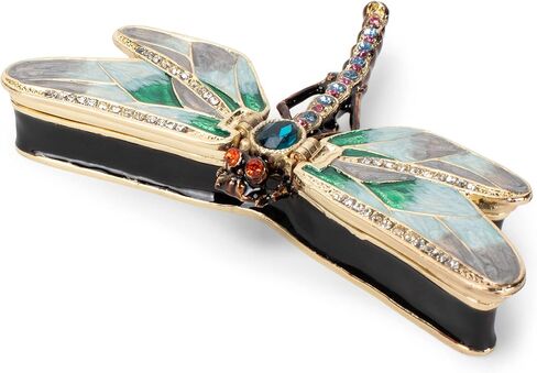 Cottage Garden Hand Painted Metal Enamel Hinged Trinket Box Ornamental Mini Jewelry Ring Earring Organizer Vintage Collectible Figurine Keepsake Box with Bejeweled Crystals, Purple Dragonfly in Kuwait