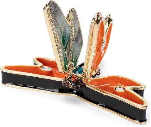 Cottage Garden Hand Painted Metal Enamel Hinged Trinket Box Ornamental Mini Jewelry Ring Earring Organizer Vintage Collectible Figurine Keepsake Box with Bejeweled Crystals, Purple Dragonfly in Kuwait