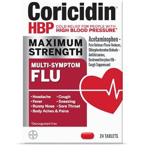 Coricidin HBP Maximum Strength Multi-Symptom Flu Tablets For Body Aches, Body Pains Cold and Cough Relief: Flu Medicine for Adults with High Blood Pressure - 24 Count