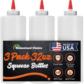 5-pack Plastic Squeeze Condiment Bottles - 32 Ounce with Red Tip Cap - Made in USA - Perfect for Ketchup, BBQ, Sauces, Syrup, Condiments, Dressings, Arts and Crafts