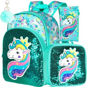 AGSDON 3PCS Kids Backpacks for Girls, 16" Little Kid Mermaid Sequin Preschool School Bookbag and Lunch Box