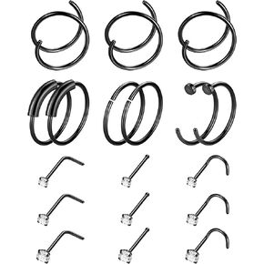 SOMEITIA 18 Pcs 22G Surgical Steel Nose Rings Hoop for Women Men Nose Studs Double Nose Ring Set Nostril Piercing Jewelry