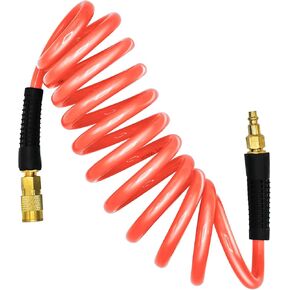 YOTOO Polyurethane Recoil Air Hose 3/8" Inner Diameter by 25' Long with Bend Restrictor, Repairable 1/4" Industrial Quick Coupler and Plug, Orange