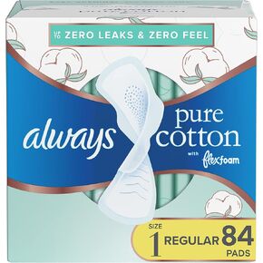 Always Pure Cotton, Feminine Pads For Women, Size 1 Regular Absorbency, Multipack, With Flexfoam, With Wings, Unscented, 28 Count x 3 Packs (84 Count total)