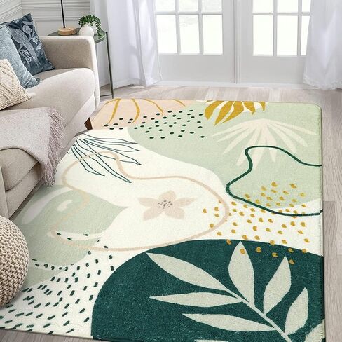 Lahome Green Botanical Print Washable Rugs - 5x7 Area Rugs for Living Room Boho Throw Large Bedroom Kitchen Rug Non-Slip Low-Plie Entryway Rug Floor Mat Carpet for Dining Laundry Room Office Rug in Kuwait