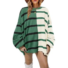 Fisoew Womens Striped Pullover Sweater Crew Neck Long Sleeve Knitted Color Block Casual Loose Lightweight Sweaters for Women