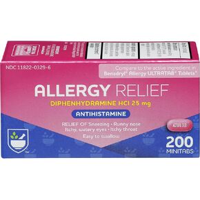 Rite Aid Allergy Relief with Diphenhydramine HCI 25 mg Antihistamine - 365 Minitabs | Allergy Medicine | Easy-to-Swallow Small Tablet Size Allergy Relief | Common Cold & Respiratory Allergy Medication