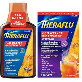 Theraflu Max Strength Daytime Flu Symptom Relief, Honey and Elderberry Syrup, 8.3 Fl Oz and Nighttime Flu Symptom Relief, Honey Lemon - 6 Count