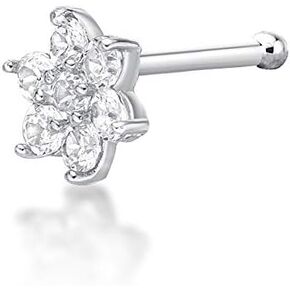 Lavari Jewelers Straight Stud 4.5mm 22 Gauge White Cubic Zirconia Flower Nose Ring in 14k White or Yellow Gold