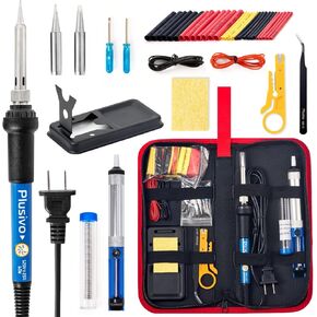 Soldering Iron Kit - Soldering Iron 60W Adjustable Temperature, Solder Wire, Soldering Stand, Wire Cutter, Solder Tips, Desoldering Pump, Wire Cutter, Solder Paste, Heatshrink Tubes from Plusivo