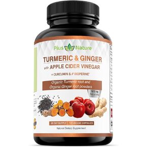 120 Capsules of USDA Organic Turmeric Root Powder, USDA Organic Ginger Powder and Apple Cider Vinegar Powder with Curcumin (95% Curcuminoids) and Bioperine, 1410 mg per Serving in Veggie Capsules