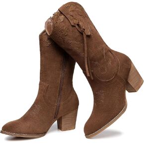 SHIBEVER Cowboy Cowgirl Boots for Women: Black Womens Western Boots Country High Heel Suede Zipper Mid Calf Booties Size