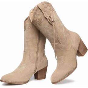 SHIBEVER Cowboy Cowgirl Boots for Women: Black Womens Western Boots Country High Heel Suede Zipper Mid Calf Booties Size