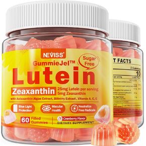 Sugar-Free 25mg Lutein & Zeaxanthin Filled Gummies, 7 IN 1 Eye Vitamins with Bilberry Extract, Astaxanthin, Vitamin A, C & E, Eye Health Supplements for Adults - Vision, Macular & Brain Health - 60Cts