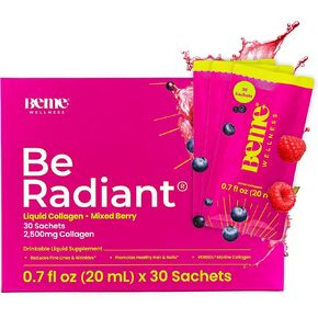 BeRadiant Hydrolyzed Liquid Collagen Shot | Joint, Skin, Nail, & Hair Support in Convenient Sachet | 2500mg Hydrolyzed Fish Collagen Peptides + CoQ10 + Vitamin C | 30 Day Supply