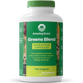 Amazing Grass Greens Blend Superfood Capsules: Super Greens with Organic Spirulina, Chlorella, Beet Root Powder, Digestive Enzymes & Probiotics, 150 Capsules (Packaging May Vary)
