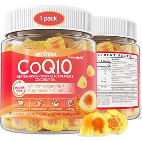 Sugar-Free CoQ10 200mg Filled Gummies with Magnesium, Ashwagandha,Vitamin D3, B12, B6, Folate, Ultra Absorption Coenzyme Q10 (Ubiquinone),For Heart, Muscle & Bone Strong, Cellular Energy, Relax & Mood