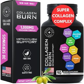Thermogenic Multi Collagen Burn Capsules - Advanced Collagen Complex Type I, II, III, V, X Collagen for Cellulite Defense - Hydrolyzed Collagen Peptides Plus Hyaluronic Acid - 90 Collagenic Burn Caps