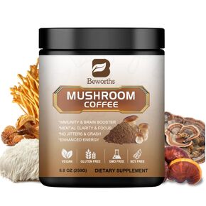 Mushroom Coffee - Lions Mane Mushroom Powder Instant Coffee with Lion's Mane, Reishi, Chaga, Cordyceps, and Turkey Tail - Mushroom Coffee Alternative for Energy, Mental Clarity & Focus, Brain Booster