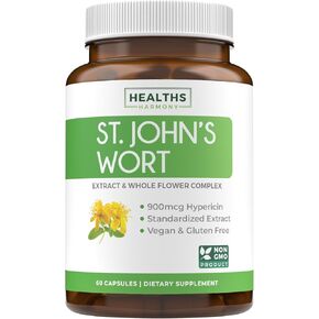 Healths Harmony St. John's Wort - 120 Capsules (Non-GMO) Powerful 900mcg Hypericin - St Johns Wort Herb Extract - No Oil, Pills, or Tincture - 500mg Per Capsule Supplement