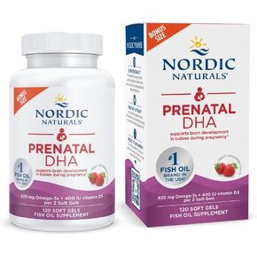 Nordic Naturals Prenatal DHA, Strawberry - 120 Soft Gels - 830 mg Omega-3 + 400 IU Vitamin D3 - Supports Brain Development in Babies During Pregnancy & Lactation - Non-GMO - 60 Servings