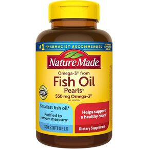 Nature Made Omega 3 Fish Oil Pearls 550 mg per serving, Small Size Fish Oil Supplements as Ethyl Esters, Omega 3 Supplement for Healthy Heart Support, 300 Softgels, 100 Day Supply