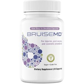 BruiseMD Arnica 1,000mg and Bromelain 500mg 2,400GDU/g Supplement for Bruising and Swelling, easy to swallow capsules.