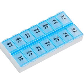 EZY DOSE Weekly (14-Day) Pill Organizer, Vitamin and Medicine Box, Large Snap Compartments, Easy-to-Open, BPA Free, Blue and Green