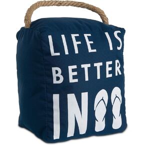Pavilion Gift Company Open Door Decor - Life is Better in Flip Flops Beach Decor Navy Blue Door Stopper with Handle