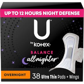 U by Kotex Balance Ultra Thin Overnight Pads with Wings, 38 Count (Packaging May Vary)