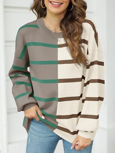 Fisoew المرأة مخطط البلوز سترة طاقم الرقبة طويلة الأكمام محبوك كتلة اللون عادية فضفاضة خفيفة الوزن البلوزات للنساء in Kuwait