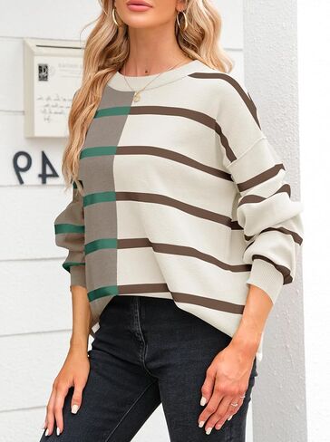 Fisoew المرأة مخطط البلوز سترة طاقم الرقبة طويلة الأكمام محبوك كتلة اللون عادية فضفاضة خفيفة الوزن البلوزات للنساء in Kuwait