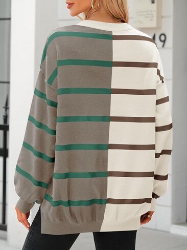 Fisoew المرأة مخطط البلوز سترة طاقم الرقبة طويلة الأكمام محبوك كتلة اللون عادية فضفاضة خفيفة الوزن البلوزات للنساء in Kuwait