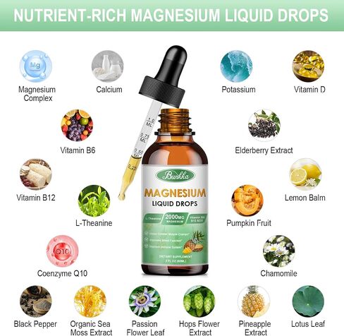 Magnesium Glycinate Supplement, Magnesium Complex Liquid Drops with 500mg Magnesium Glycinate, Magnesium Citrate, Vitamin - Promotes Stress Relief, Sleep, Mood, Bone & Muscle Health in Saudi Arabia