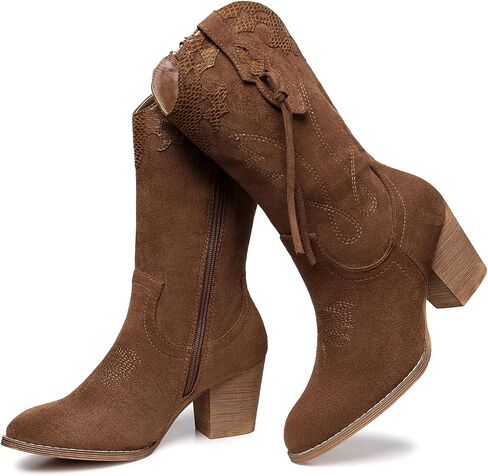 SHIBEVER Cowboy Cowgirl Boots for Women: Black Womens Western Boots Country High Heel Suede Zipper Mid Calf Booties Size in Saudi Arabia
