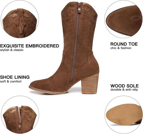 SHIBEVER Cowboy Cowgirl Boots for Women: Black Womens Western Boots Country High Heel Suede Zipper Mid Calf Booties Size in Saudi Arabia