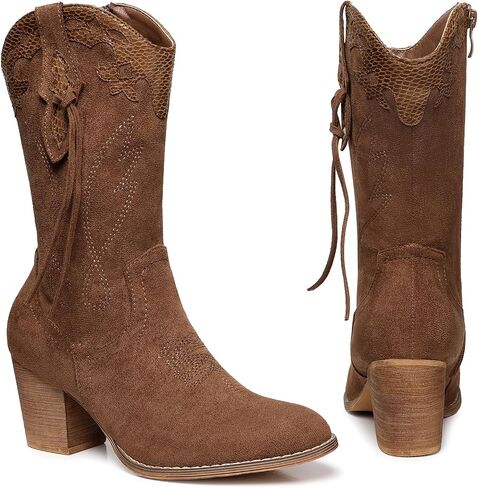 SHIBEVER Cowboy Cowgirl Boots for Women: Black Womens Western Boots Country High Heel Suede Zipper Mid Calf Booties Size in Saudi Arabia