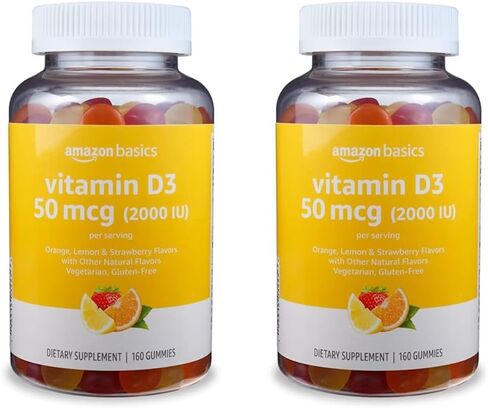 Amazon Basics فيتامين D3 2000 IU Gummies، البرتقال والليمون والفراولة، 160 عدد (2 لكل وجبة) (سوليمو سابقًا) in Kuwait